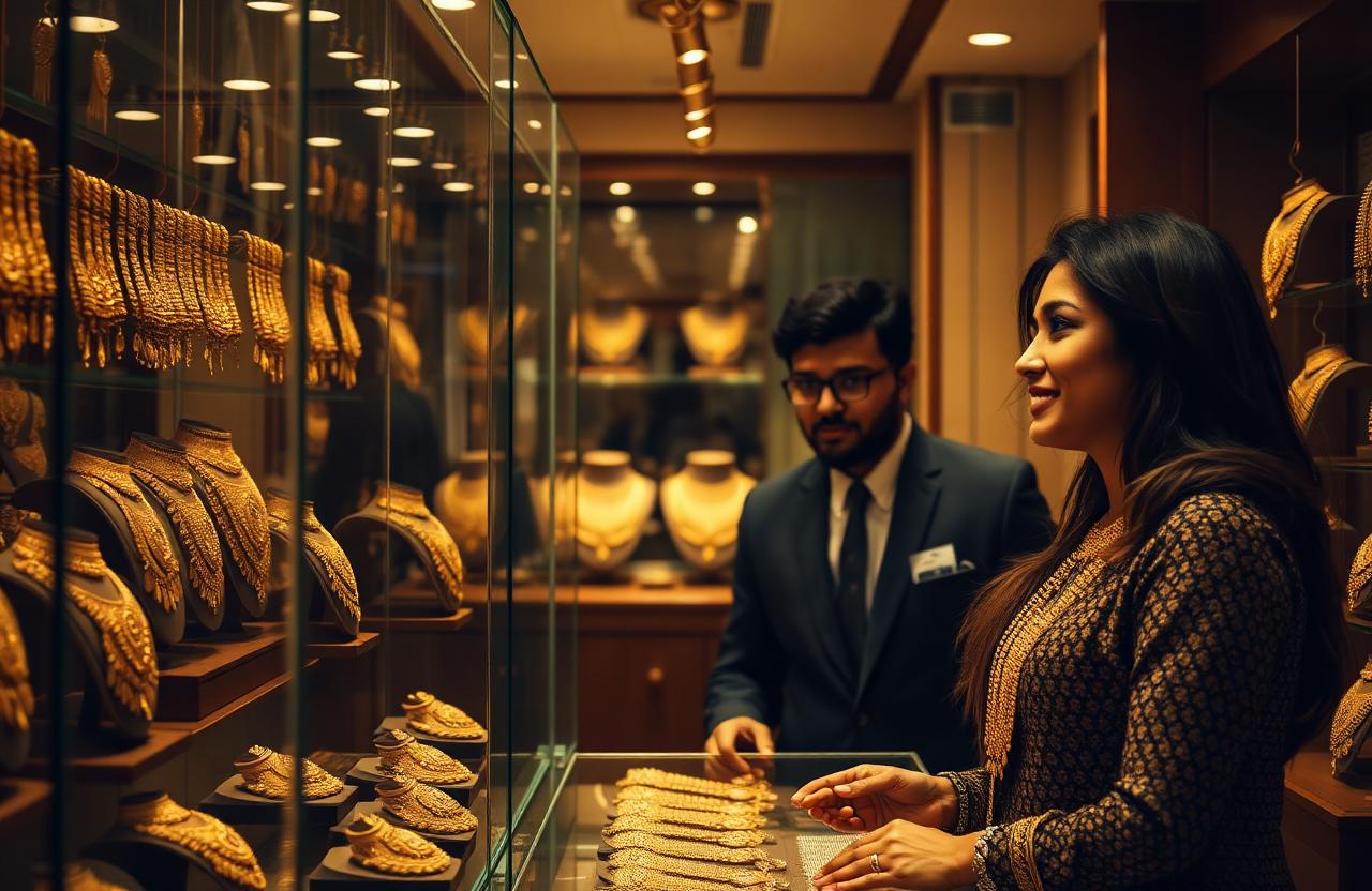 Warm interior of an Indian jewellery showroom with glass cases and a salesperson attending to a customer