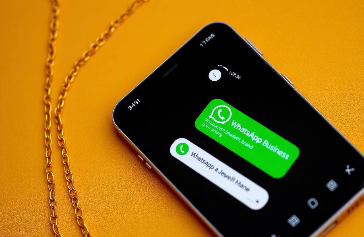 Close-up of a smartphone showing a WhatsApp business conversation with a jewellery brand on a warm gold-toned background